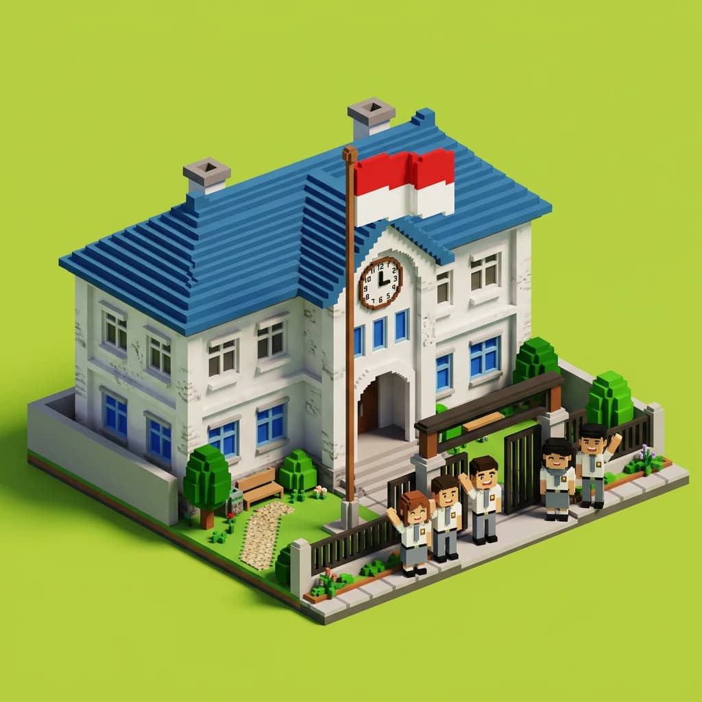 Ilustrasi voxel gedung sekolah dengan siswa berseragam